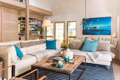 Mid-sized trendy formal and enclosed medium tone wood floor and beige floor living room photo in Boston with white walls