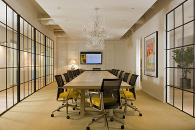 Huge trendy carpeted dining room photo in DC Metro with beige walls