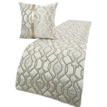 Designer Ivory Silk Queen 74"x18" Bed Throws Runner Lattice, Ivory Delicacy