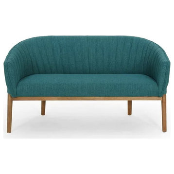 Mid Century Loveseat, Rubberwood Legs & Curved Channel Tufted Back, Teal