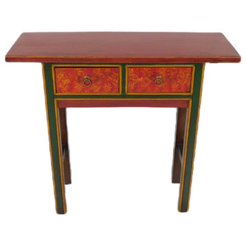 Hand Painted Antique Tibetan Two Drawer Sofa Table In Red And Yellow - 36" W