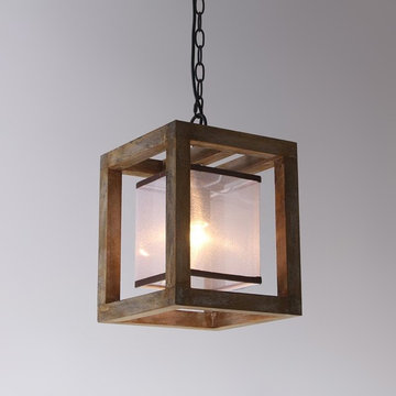 Farmhouse Style Weathered Wood White Fabric Shade Square Lantern Pendant Light