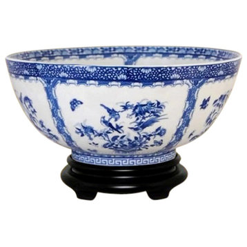 Vintage Style Blue and White Bird Chinoiserie Porcelain Bowl 14"