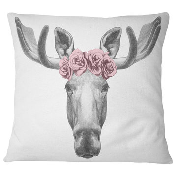 Designart Moose with Floral Head Wreath Moose Throw Pillow, 18"x18"