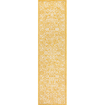Tela Boho Textured Weave Floral Indoor/Outdoor Rug, Yellow/Cream, 2x10