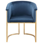 Meridian Furniture - Tierra Velvet Upholstered Dining Chair, Navy - Enjoy body-hugging comfort at every meal with this Tierra velvet dining chair. Rich navy velvet covers the seat, arms and back of this comfortable yet beautiful chair. The frame is made from durable metal for resilient, long-lasting use, and it features a brushed brass finish for a look that's both modern and elegant. Pair it with the table of your choice for a modern look in your dining room space.
