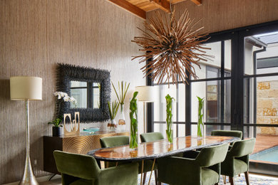 Inspiration for a contemporary beige floor, exposed beam, wood ceiling and wallpaper dining room remodel in Other with brown walls and no fireplace