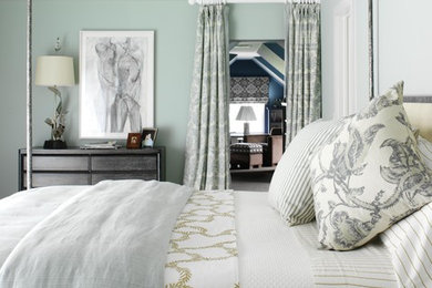 Inspiration for a large beach style guest bedroom in New York with green walls and no fireplace.