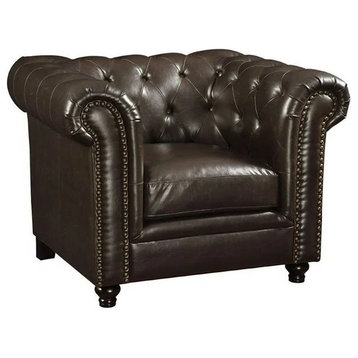Traditional Chesterfield Accent Chair, Button Tufted Brown Bonded Leather Seat