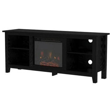 Classic Fireplace Entertainment Center, Open Shelves With Cord Management, Black