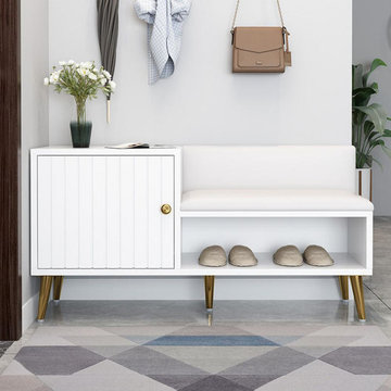 $149.99 White Contemporary Upholstered Shoe Rack Bench for Shoe with Cabinet