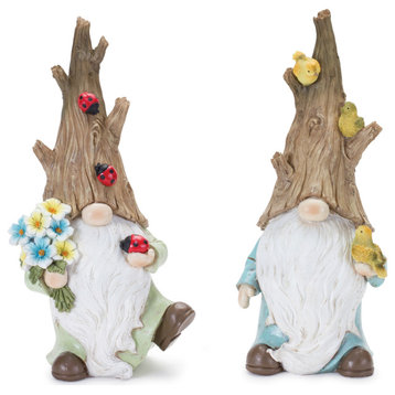 Tree Trunk Gnome Figurine, 2-Piece Set
