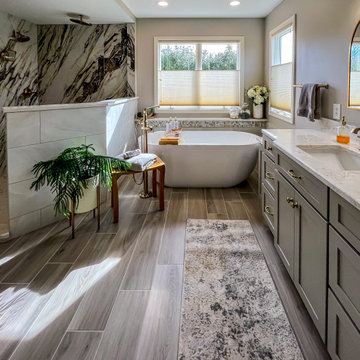 Master Bath with Refaced Vanity and Full Height Porcelain Tile Shower Walls