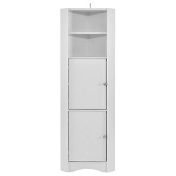 61" Wood 2-door Bathroom Corner Cabinet with Exterior Shelves, White