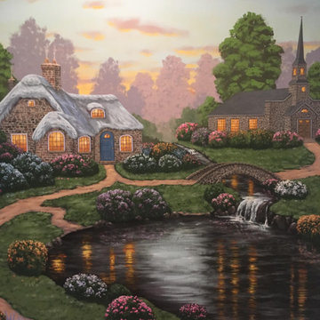 English Cottages Mural, hand painted in a foyer by Tom Taylor of Mural Art LLC