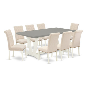 V097Br202-9, 9-Piece Dinette Set Cement Table Top and 8 Chairs, Linen White