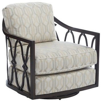 Tommy Royal Kahala X-Pattern Swivel Chair in Deep Umber/White Printed Cushions