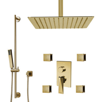 Bravat Brushed Gold Square Shower Set, Valve Mixer 3-Way Concealed Ceiling Mount