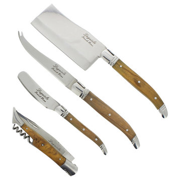 4 Piece Laguiole Connoisseur Olive Wood Cheese And Wine Set