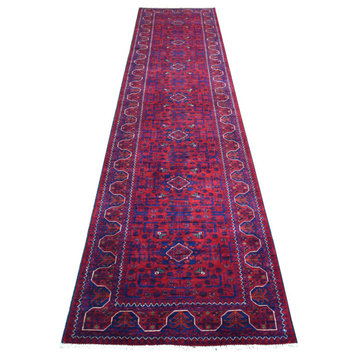 Deep Red, Afghan Khamyab Soft Wool Hand Knotted Runner Rug, 2'8"x12'9"