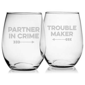 "Partner in Crime" and "Trouble Maker" 2-Piece Stemless Wine Glass Set