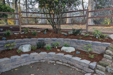 This is an example of a small traditional partial sun front yard brick and metal fence landscaping for summer.