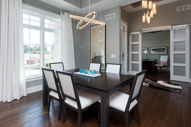 This is an example of a modern dining room in Other with grey walls and medium hardwood floors.