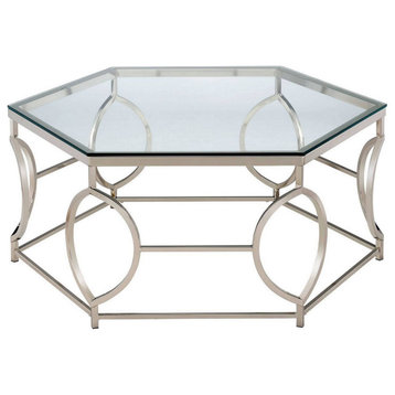 Slade 40" Coffee Table, Hexagonal Glass Top, Geometric Base, Chrome