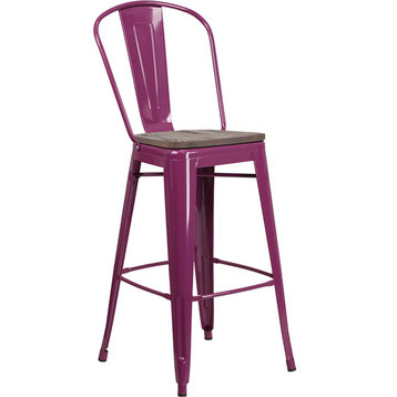 30" High Metal Barstool With Back and Wood Seat, Purple