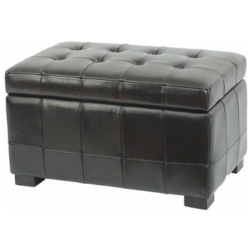 Contemporary Storage Ottoman, Square Stitched Faux Leather Upholstery, Black