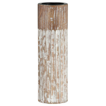 Wood, 10"h 2-tone Textured Candle Holder, Brown