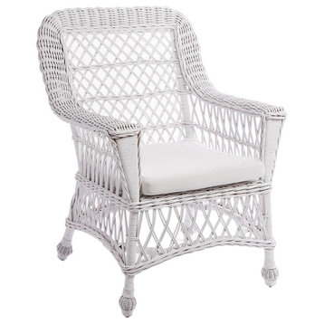 Vintage Style Classic Wicker Rattan Arm Chair Tropical White With Cushion Woven