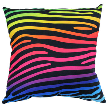 Zebra Print Decorative Pillow, 16x16, Rainbow Gradient/Black