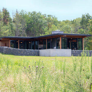 Einstöckiges, Braunes Mid-Century Einfamilienhaus mit Holzfassade und Pultdach in New York