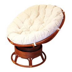 Papasan Swivel Rocking Chair Rattan Wicker Handmade w Cream Cushion, Colonial