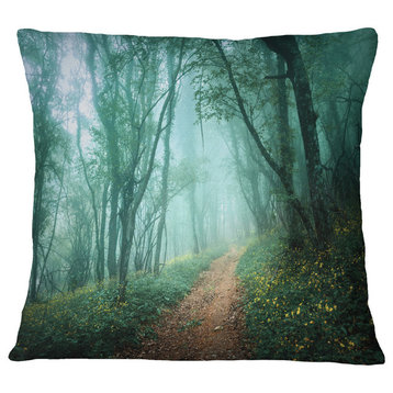 Light Green Mystical Fall Forest Landscape Photography Throw Pillow, 18"x18"