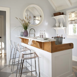 ニューヨークの中サイズのトランジショナルスタイルのおしゃれな着席型バー (シェーカースタイル扉のキャビネット、白いキャビネット、塗装フローリング、マルチカラーの床) の写真