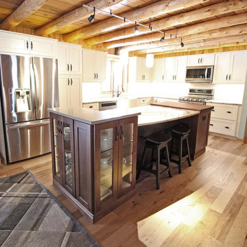 Log Cabin Rustic White Kitchen Cabinets with Granite and Wood Countertops