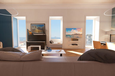 Ispirazione per un grande soggiorno moderno aperto con pareti blu, parquet scuro, TV a parete e pavimento marrone