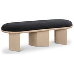 Meridian Furniture - Wilshire Boucle Fabric Upholstered Bench, Black, Natural Oak Finish - Immerse your entryway, living room, or bedroom in elegance with our stunning black Wilshire boucle fabric bench. The rich solid wood natural oak finish triple-columnar base not only offers stability but also adds a touch of warmth to the bench's art deco design. Sink into the plushness of this bench, inviting you to relax in comfort and style. Place this pretty bench wherever you need extra seating - it's an ideal blend of form and function.