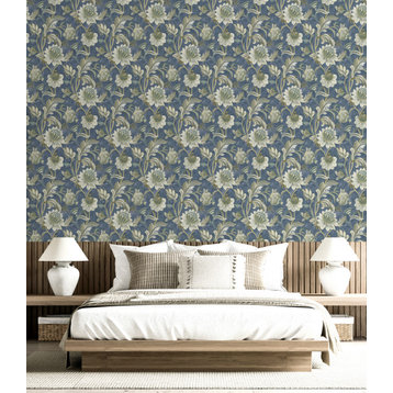 Jacobean Style Floral Non Woven Wallpaper, Blue Dove, Double Roll