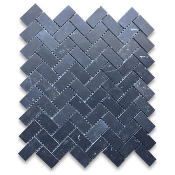 Nero Marquina Black Marble 1x2 Herringbone Mosaic Floor Tile Honed, 1 sheet