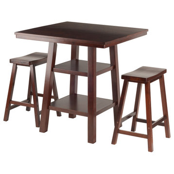 Winsome Wood Orlando 3-Piece Set High Table, 2-Shelf With 2 Saddle Seat Stools
