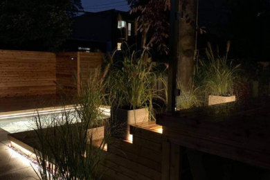 Diseño de jardín de secano contemporáneo pequeño en patio trasero con privacidad, exposición total al sol, entablado y con madera