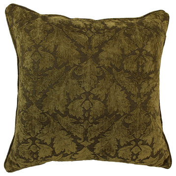 25"x25" Jacquard Chenille Pillow With Insert, Floral Beige Damask