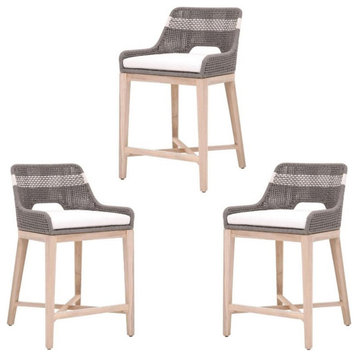 Home Square 3 Piece Outdoor Counter Stool Set in Dove Rope and Gray Teak