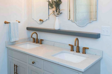 Inspiration for a small transitional master white tile and ceramic tile ceramic tile, multicolored floor and double-sink bathroom remodel in Philadelphia with furniture-like cabinets, gray cabinets, a two-piece toilet, an undermount sink, quartz countertops, white countertops and a built-in vanity