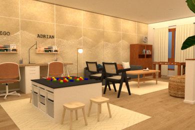 Diseño de salón para visitas abierto y blanco y madera actual pequeño con paredes blancas, suelo de madera en tonos medios, televisor colgado en la pared, suelo marrón y alfombra