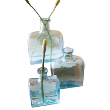 Modern Blue Minimalist Recycled Glass Bottle Bud Vase 3-Piece Set Single Stem