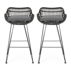 Lisa Outdoor Wicker Barstools with Cushions, Set of 2, Gray, Black, Dark Gray